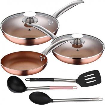 Set de Sartenes San Ignacio 5 piezas (con tapa) de aluminio prensado para inducción, incluye set de 3 utensilios de cocina de nylon