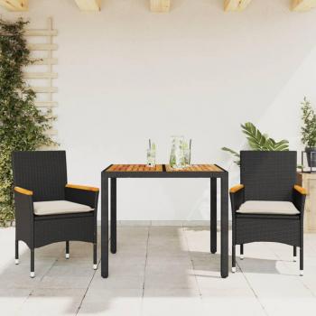 Set de comedor de jardín 3 piezas con almohadas de ratán negro y acacia