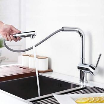 DESFAU Grifo de Cocina con Ducha Extraíble 2 Funciones 360° Giratorio Grifería Monomando de Latón H59 Grifo de Fregadero Extraíble Cromado