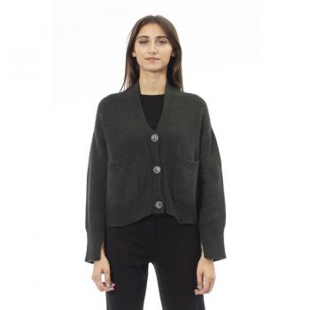 Alpha Studio Women's Long Sleeve Solid Color Wool Sweater Cardigan with Front Pockets - Gray, Size S