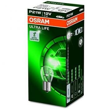 OSRAM ULTRA LIFE P21W, lámpara de señalización halógena, luz de freno, iluminación adicional trasera, 7506ULT, automóvil de 12 V, estuche