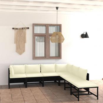 Sofá de jardín 7 PCs con almohadas de polyrattan negro y cojines ratán sintético