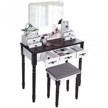 ANWBROAD Tocador Mesa de Maquillaje Belleza Tocador con taburete y espejo de niñas Espejo sin Marco Taburete de Madera de Goma, con 7 cajones, 3 divisores para Dormitorio Vestidor BDT03WZ