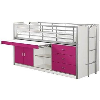 Cama alta Bonny 90x200 cm con escritorio extraíble, armario con puertas, estantes y 3 cajones fucsia