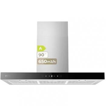 Campana Extractora Decorativa EVVO CE36, 90 cm, Potencia 650 m³/h, Acabado Inox con Borde Negro, 3 Velocidades, Control Táctil y Temporizador de Apagado