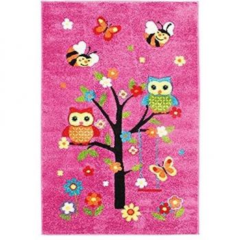 Alfombra Infantil Suave con Motivos de Búhos en un Árbol - 100 x 150 cm Rosa