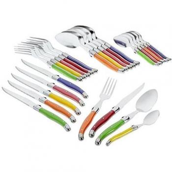 Ménagère Laguiole 24 piezas con mangos pastel y cubiertos de acero inoxidable en estuche de madera