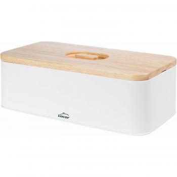LACOR - 62869 - Panera estilo Nórdico de Acero de Carbono, Tapa de madera de caucho, Diseño Vintage 2 en 1: la tapa sirve como tabla de cortar, medidas 42x22,5x12,5cm, Blanco mate