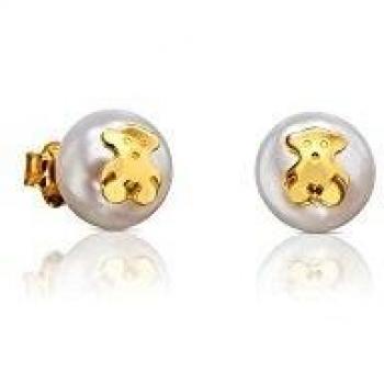 TOUS Bear - Pendientes de oro amarillo de 18kt con perla cultivada de agua dulce de 0,9 cm. y cierre presión