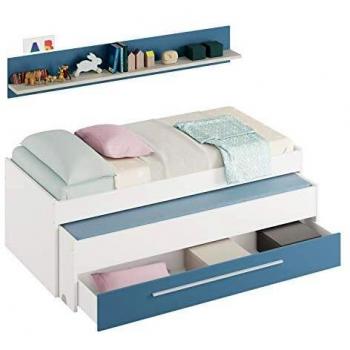 Habitdesign Cama Nido Juvenil Dos Camas y un Cajón, Color Blanco Alpes y Azul, Medidas: 200 cm