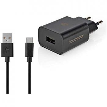 Cargador USB de pared Nedis 12W con salida única 2.4A y cable USB Type-C de 1m, color negro