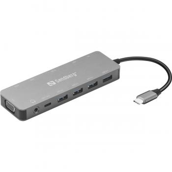 Dock USB-C 13 en 1 de Viaje Sandberg - Adaptador con HDMI, VGA y LAN 100Mb