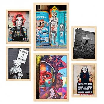 Set de 6 Cuadros Fotográficos Graffiti Urbano - Láminas Decorativas Arte Callejero Banksy - Póster Moderno para Decoración del Hogar con Marco de Madera (A3 y A4)