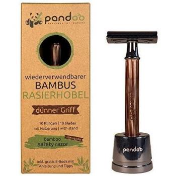 pandoo Maquinilla de afeitar con soporte y mango de bambú | Afeitadora de seguridad | Afeitadora húmeda segura | Hombres y mujeres | Peine cerrado, sin plástico