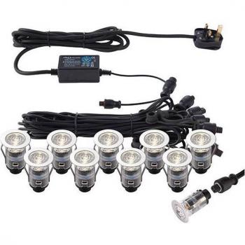 Foco empotrable jardín 10 bombillas Policarbonato Transparente Ikonpro, Kit de iluminación empotrable para exteriores con 10 luces led integradas Acero inoxidable pulido, transparente IP67