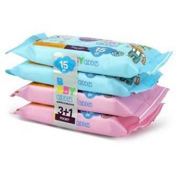 Clendy Baby Cuddles Aloe and Chamomile Wet Wipes Set - 4 Packs of 15 Wipes