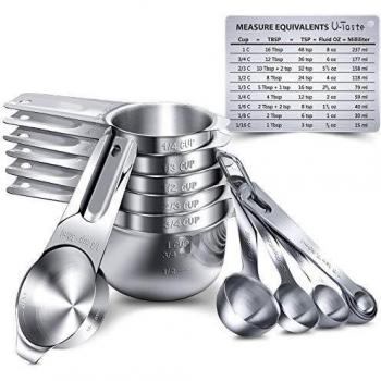 Juego de 15 Tazas y Cucharas Medidoras U-Taste de Acero Inoxidable 18/8, 5 Tazas Medidoras y 5 Cucharas Medidoras con 2 Anillos en O y Tabla de Conversión de Medición Magnética