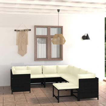 9-Piece Black Poly Rattan Garden Lounge Set with Cushions