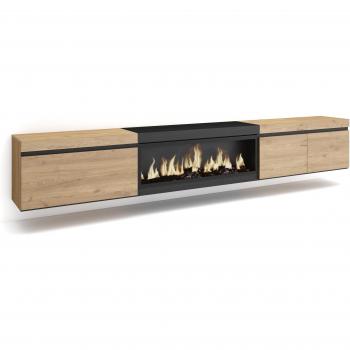 Mueble TV Colgado Efecto Madera Roble y Negro 288x45x35 cm con Chimenea Eléctrica XXL para Televisores de Gran Formato