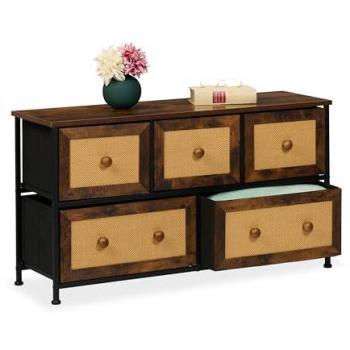 Cómoda Relaxdays 5 Cajones Efecto Ratán, Mueble de Almacenamiento para Recibidor y Dormitorio, 54.5x100x32.5 cm, Metal Marrón/Negro