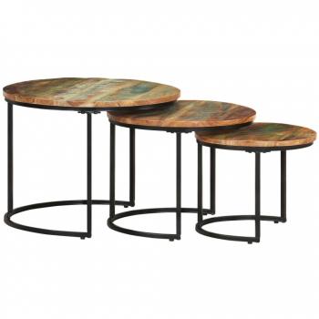 Mesas apilables vidaXL 3 unidades mesa maciza reciclada Ø 40x34 cm, Ø 35x29 cm, color Marrón, para salón o comedor, mesas auxiliares de café