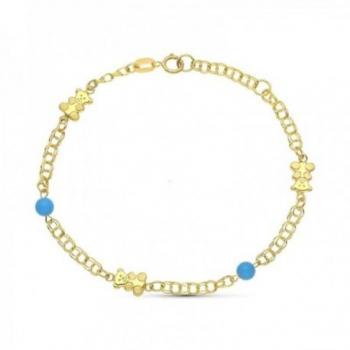 Pulsera de oro 18k para niña con cadena húngara combinada, turquesas y detalles de osos