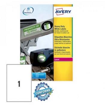 Avery L4775-20 Etiquetas Autoadhesivas Resistentes de Poliéster Blanco, 210 x 297 mm, para Impresoras Láser, Caja de 20 Hojas