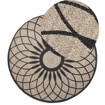 Alfombra Redonda de Yute Beige y Negro Ø 140 cm Estilo Boho con Estampado de Mandala