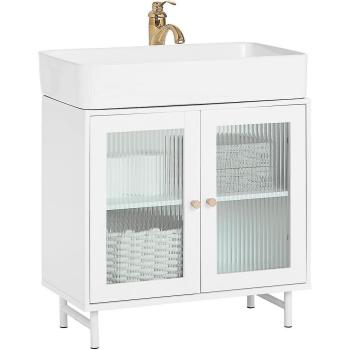 SoBuy BZR115-W Mueble para Debajo del Lavabo Fregadero Armario de Baño con 2 puertas de vidrio, dimensiones 60 x 30 x 58 cm, color Blanco