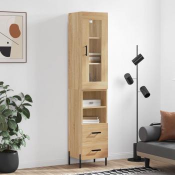 Aparador de madera contrachapada roble Sonoma 34,5x34x180 cm con 2 cajones y 2 estantes, Mueble de Almacenaje de Salón, Buffet para salón, Armario Auxiliar