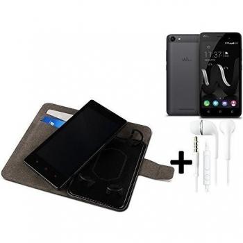 TOP SET: Funda para el Wiko Jerry + auriculares, Walletcase hecho de cuero sintético en negro, monocromático y simple. Bolsillo para el teléfono móvil con ranuras para tarjetas de crédito y la función del soporte. BookStyle bisagras de la manga para