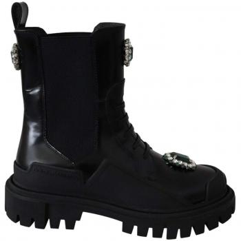 Dolce & Gabbana Black Leather Crystal Combat Boots - EU35/US4.5, Lace-up Boots, female, Black, Size: 5 US