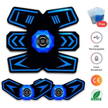 SUPOLA Electroestimulador Muscular Abdominales, Entrenador Muscular EMS Estimulador con Transmisión de Voz Inteligente & USB Recargable, Abs Trainer para Abdomen/Brazo/Piernas/Cintura,10pcs Gel Pads
