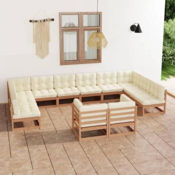 Conjunto de muebles de jardín 12 piezas con cojines color marrón miel en madera de pino