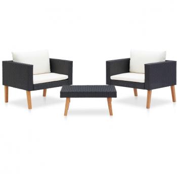 3-Piece Black Poly Rattan Garden Lounge Set with Cushions
