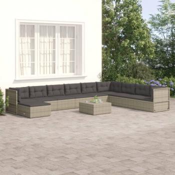 10-Piece Gray Poly Rattan Garden Lounge Set with Cushions