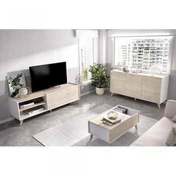 Composición de Salón NESS 6 - Mueble TV, Aparador y Mesa de Centro en Melamina Blanco y Roble Natural - Estilo Escandinavo