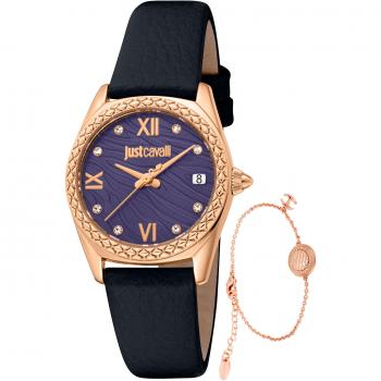 Just Cavalli Women's Analog Leather Watch Set - Indomitable Animalier, Black Strap, Purple Dial, One Size