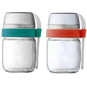 Set de 2 tarros compartimentados de vidrio para yogurtera Lagrange 440402, incluye cuchara, apto para lavavajillas