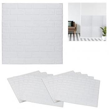 Paneles Pared Autoadhesivos 3D Set de 10, Diseño Ladrillo, Cortables a Medida, Gomaespuma, 70x70 cm, Color Blanco