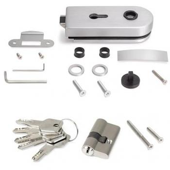 Cerradura para puerta de cristal con marco de madera Emuca, bombillo con llaves, compatible con puertas de vidrio de 8-12mm, fabricada en acero y aluminio, acabado anodizado mate