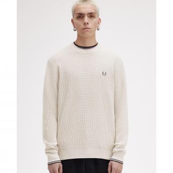 Fred Perry Cream Waffle Stitch Crew Neck Sweater for Men - Size L