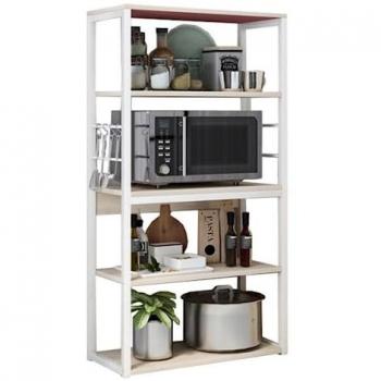 Estantería Alta de Cocina Industrial con Estantes de Almacenamiento y Marco de Metal Blanco para Microondas 50x30x130 cm Color Natural y Blanco