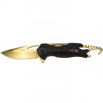Navaja Third K2794D con mango de aluminio negro, hoja de acero inoxidable de 8.5 cm y accesorios bañados en titanio dorado
