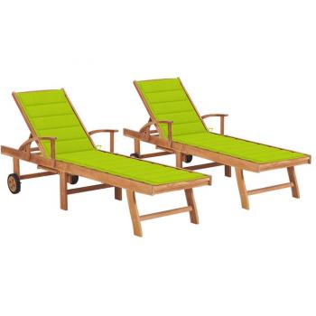 Teak Wood Sun Loungers Set of 2 with Bright Green Cushions