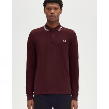Polo de hombre de manga larga Fred Perry con ribetes color burdeos - Talla S
