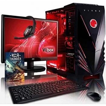 VIBOX Vision Paquet 2S Gaming PC - 3,9GHz CPU 2-Core AMD, Ordenador de sobremesa para oficina Gaming vale de juego, con monitor, Iluminaciàn interna rojo