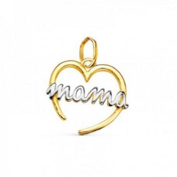 Colgante de oro bicolor 18k para mujer con corazón calado abierto y mensaje MAMÁ