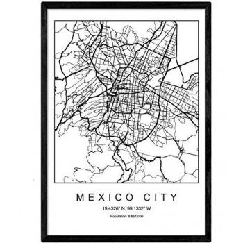 Lámina Mapa Ciudad México Estilo Nórdico Blanco y Negro - Poster A3 Sin Marco Papel 250g - Decoración para Salón y Dormitorio