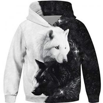 Freshhoodies Niños Sudaderas con Capucha 3D Lobo Gráfico Divertido Manga Larga Pull-Over Unisexo Suéter Deporte Capucha 8-10 Años